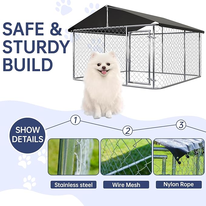 Outdoor Dog Enclosure Heavy Duty Dog Kennel House Mesh Dog Big Cage Pet Kennel Steel Fence with Secure Lock (79”x 79”)