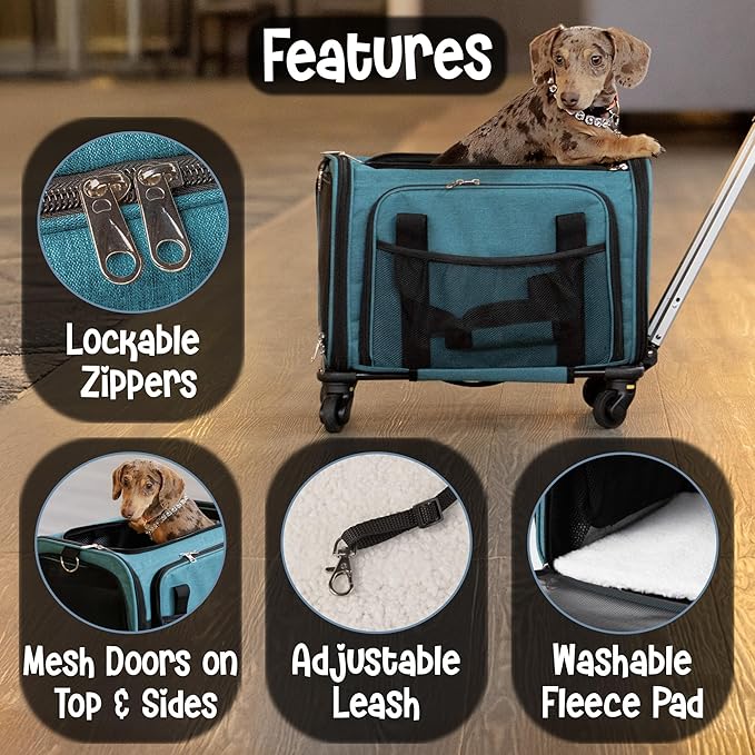 Pet Carrier with Wheels | United Delta American Frontier Airline Approved | Two Expandable Sides, Storage Pockets Adjustable Leash | Rolling Dog and Cat Carrier TSA Compliant (Blue 17x11x11)
