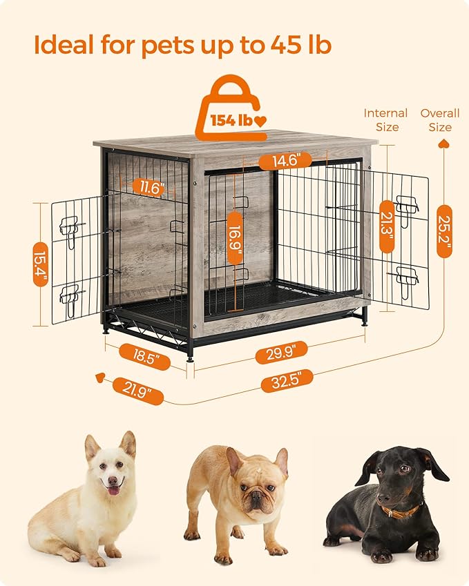 Feandrea Dog Crate Furniture, 32.5" Side End Table, Modern Kennel for Dogs Indoor up to 45 lb, Heavy-Duty Dog Cage with Multi-Purpose Removable Tray, Double-Door Dog House, Greige UPFC002G01