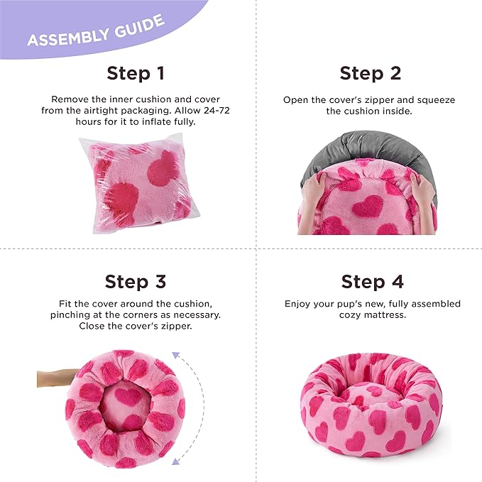 LE SURE Donut Large Dog Bed - Round Cat Beds for Indoor Anti-Anxiety Calming Pet Beds, Washable Cute Modern Beds with Teddy Sherpa Plush & Anti Slip Bottom, 36 Inch, Heart Pink