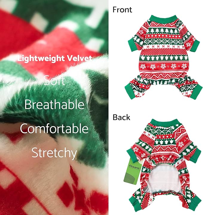 Fitwarm Dog Christmas Outfit, Holiday Pet Clothes for Small Dogs Boy Girl, Festive Pajamas with Feet, Puppy Onesie, Red, Green, XS