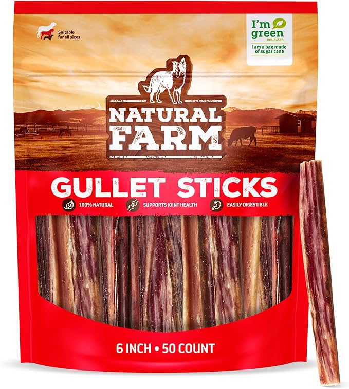 Natural Farm Gullet Sticks (6 Inch, 50 Pack) - One Ingredient Beef Esophagus Chews - Fully Digestible, Promotes Joint & Dental Health, for Pups, Small & Senior Dogs