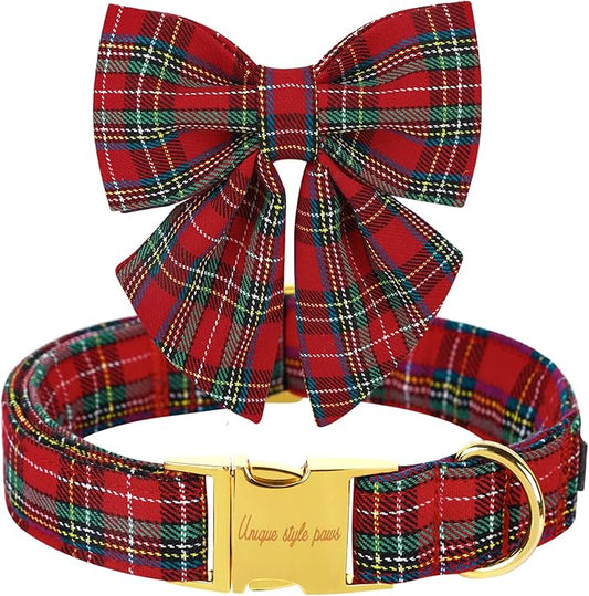 Unique style paws Christmas Dog Collar with Bow Tie Scottish Plaid Puppy Collar for Small Medium Large Dogs as Holiday Autumn Winter Gifts-XL