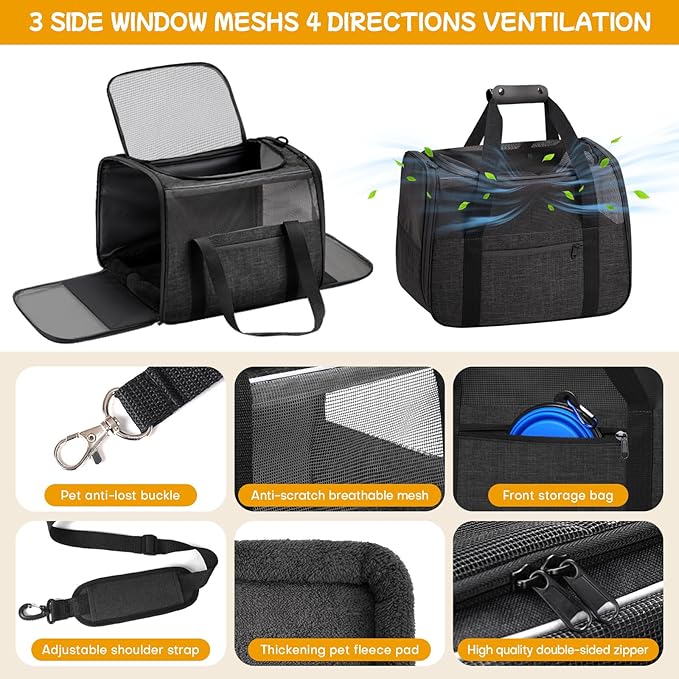 Cat Carrier Soft-Sided for Large Cats, Dog Carriers for Small Dogs, Airline Approved Pet Travel Carrier for Cats Puppies up to 16Lbs with Safety Zippers Foldable Bowl, 18x12.5x14.2, Black