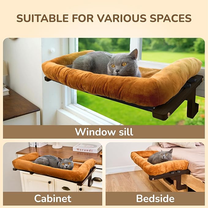 45LBS Capacity Cat Window Perch with Bolster, Hammock Seat with Plywood & Metal Frame, Cat Window Bed for Indoor Cats & Kitten, Extra Cood Pad (Walnut Wood & Brown Cushion, 24.8''W x 9.4''H)