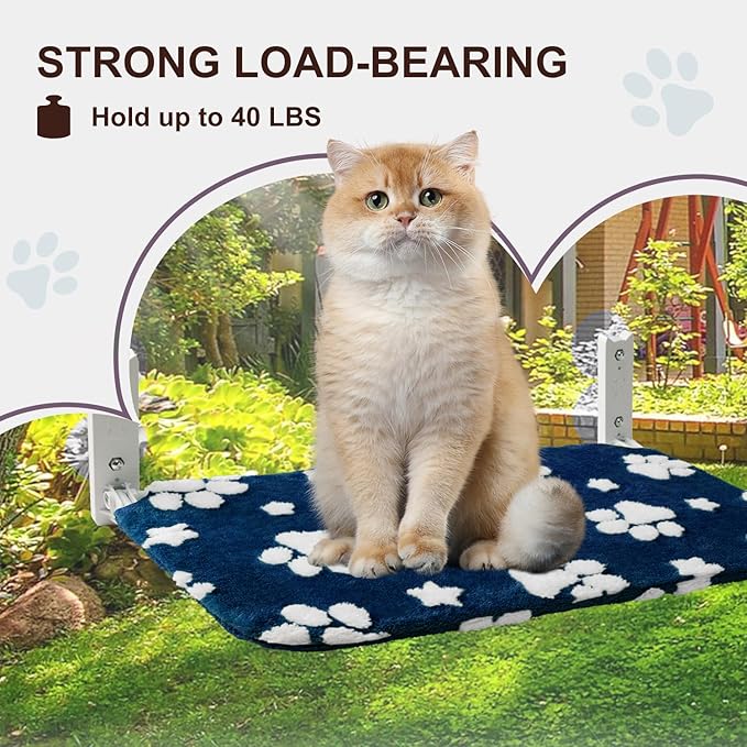 Cat Window Perch, Foldable Cat Window Hammock with Cute 3D Textured Flower Cover and Strong Suction Cups, Cordless Window Seat Bed for Indoor Cats (Navy Paw, Large)