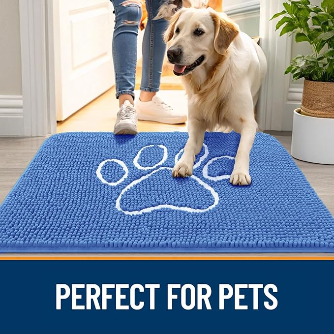 OLANLY Dog Door Mat for Muddy Paws 48x30, Paw Print Design, Absorbs Moisture and Dirt, Absorbent Non-Slip Washable Doormat, Quick Dry Chenille Mud Mat, Entry Indoor Entryway Carpet, Cornflower Blue