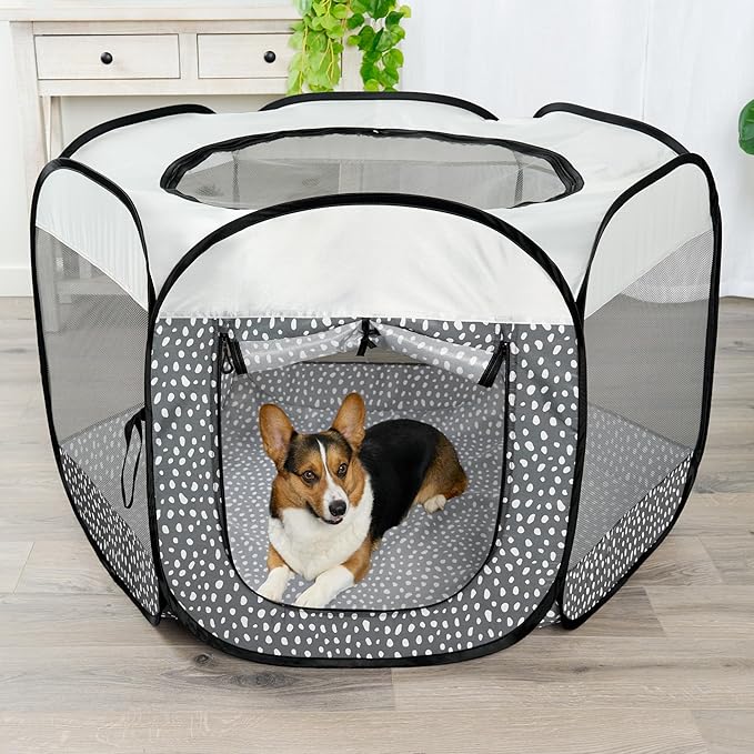 Furhaven Portable Dog Playpen Cat Tent, Pet Playground/Kennel Foldable Indoor Outdoor Zippered Puppy Crate - Gray Pebbles, Large