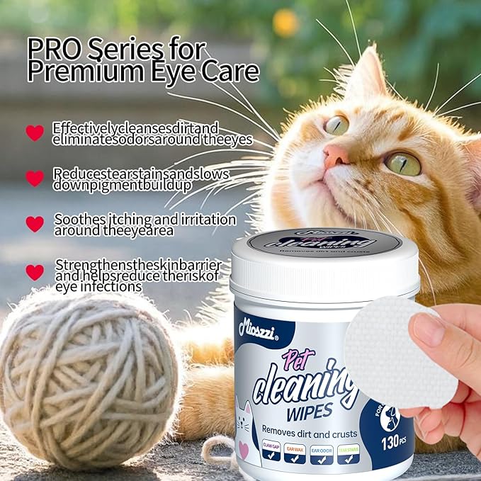 MIOSSZI 130 pcs Dog Eye Wipes for Dogs & Cats Tear Stain Remover Wipes for Dog Eyes Wipes Gently Remove Tear Stain, Debris, Discharge Hypoallergenic Cat Eye Wipes Pet Cleaning for Eyes Grooming Wipes