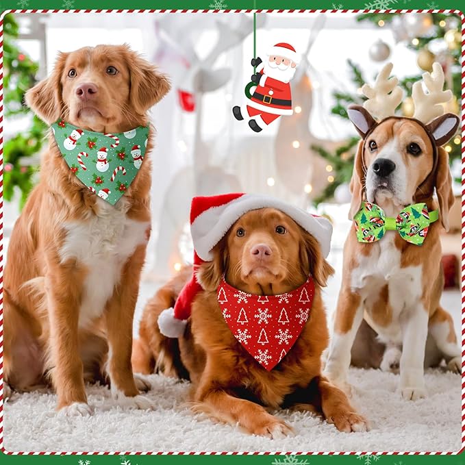 Sanwuta 100 Pcs Christmas Dog Bandanas Bulk and Charm Collar Bow Ties Set 50 Xmas Bandanas for Dogs 50 Xmas Doggie Collar Santa Snowflake Triangle Scarf Bowtie for Small Medium Large Pets
