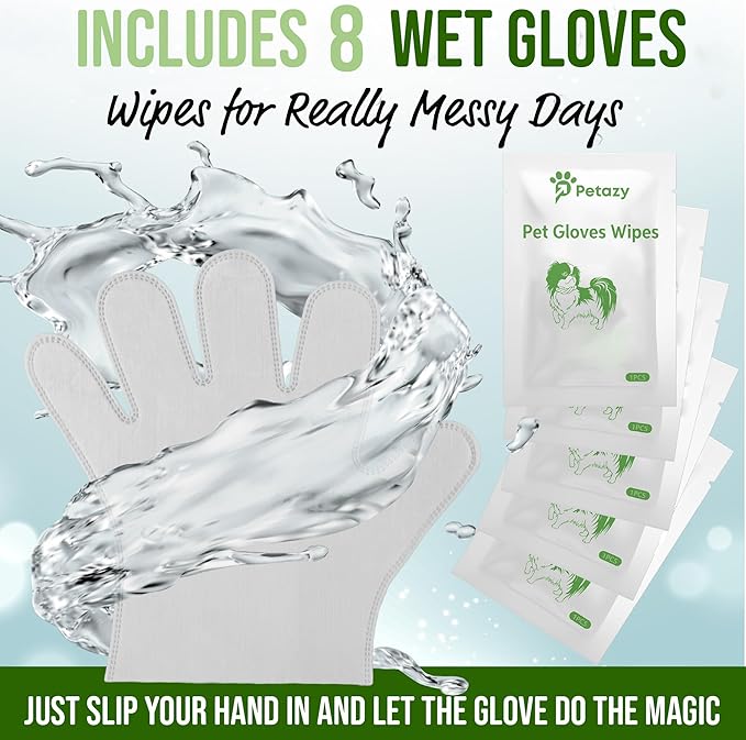 8 Dog Glove Wipes for Paws and Butt Ears Eyes Face Fur | No Rinse Lavender Scented Dog Grooming Glove | Large Size Natural Gentle Pet Cleaning Deodorizing Gloves for Daily Care Travel and Bath