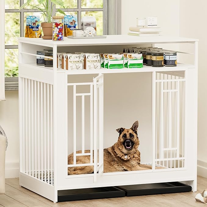 43.3" Dog Crate Furniture for Large Breeds, Wooden Dog Kennel with Divider & Double Doors, Large Drawer Storage, Heavy Duty Indoor Dog Cage, Decorative Pet House for Living Room & Bedroom, White