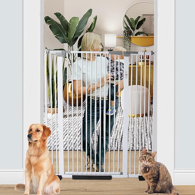 51 Inch Extra Tall Baby Gate Auto Close Cat Gate Adjustable 29.92"-43" Wide Pressure Mounted Pet Gate for Doorways,Stairs, House (White, 51.18 inch)