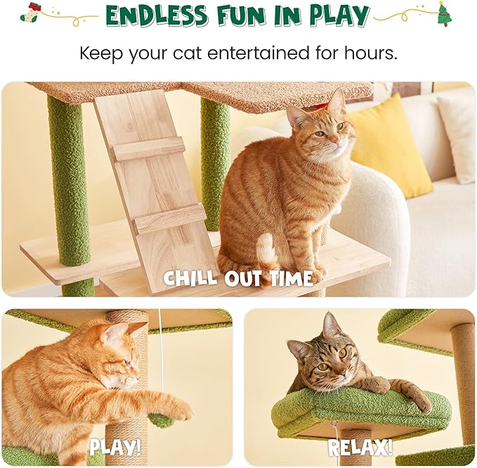 MWPO Green Modern Cat Tree, 70.1-Inch Large Wood Cat Tower for Indoor Cats, Multi-Level Tall Cat Condo with 2 Padded Perches, Hammock, Scratching Posts, Dangling Toys for Large Adult Cat
