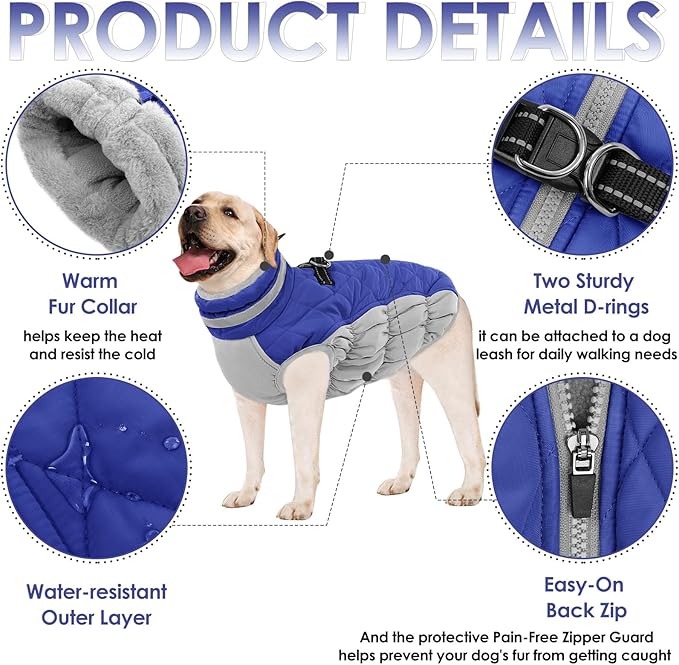 AOFITEE Dog Coat, Warm Dog Winter Coat for Small Dogs, Reflective Turtleneck Dogs Jacket with Harness Built in, Waterproof Windproof Pet Fleece Vest Snow Jacket for Cold Weather, Blue S