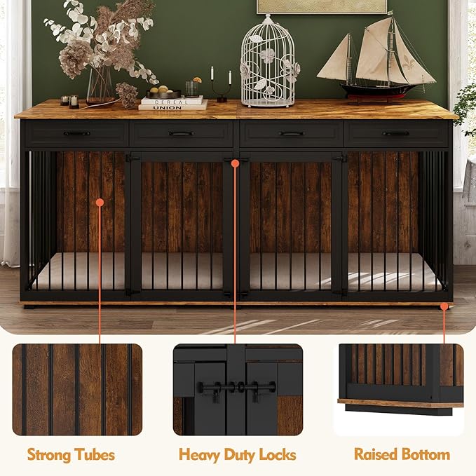 Extra Large Dog Crate,86.6" Heavy Duty Wooden Dog Cage Furniture Dog Crate Kennel with Drawers & Removable Divider,Indoor Luxury Dog House w/Double Rooms for XL L Dogs,Rustic Brown