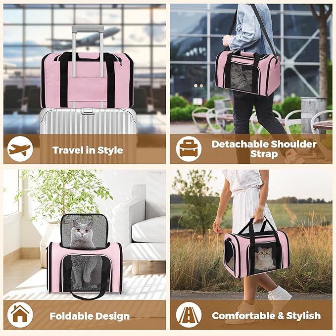Airline Approved Pet Carrier 17"x11"x11" – Soft Sided Cat Dog Travel Bag for Small Pets up to 15 lbs, Portable Collapsible Pet Carrier Under Seat with Mesh Ventilation & Shoulder Strap(Pink)