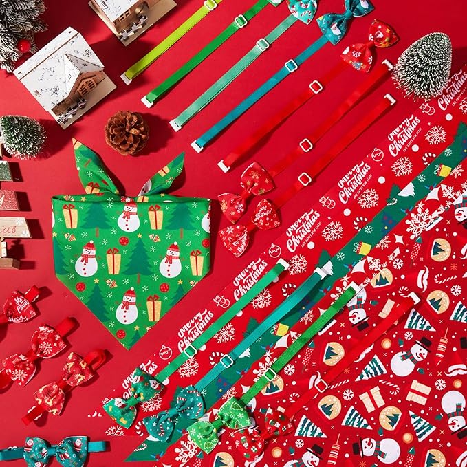 Sanwuta 50 Pcs Christmas Dog Bandanas and Collar Bow Ties Set 25 Bandanas Bulk 25 Xmas Charm Dog Collar Pet Triangle Pet Scarf Bowtie for Small Medium Large Holiday Costume