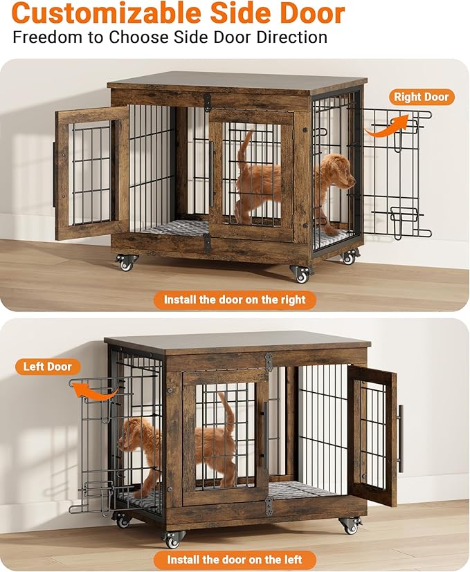 Dog Crate Furniture with Cushion, Wooden Dog Kennel Indoor with Double Doors, Dog Cage with Wheels, Dog House Side End Table for Small Dogs up to 30 lb, 27.2" L, Rustic Brown