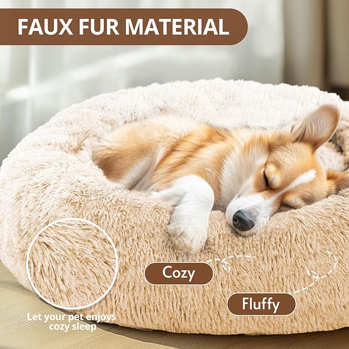 JOLLYVOGUE Calming Dog & Cat Bed for Small Dogs, Anti-Anxiety Donut Cuddler Cozy Soft Round Bed with Anti-Slip Bottom, Fluffy Faux Fur Plush Cushion Beds for Small Medium Dogs (27")