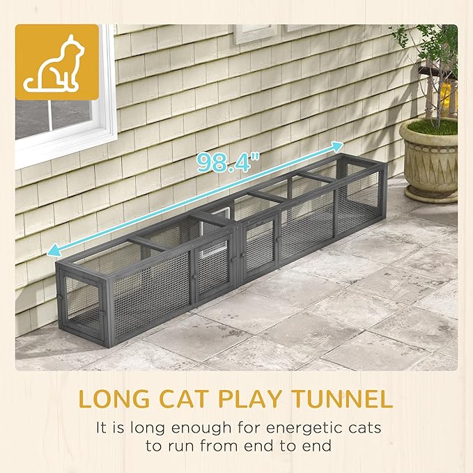 PawHut Cat Tunnel Outdoor, Wooden Cat Tube with Combinable Design, 8 Doors, 98" Cat Toys for Kitty, Puppy, Pet, House, Window, Cage, Dark Gray