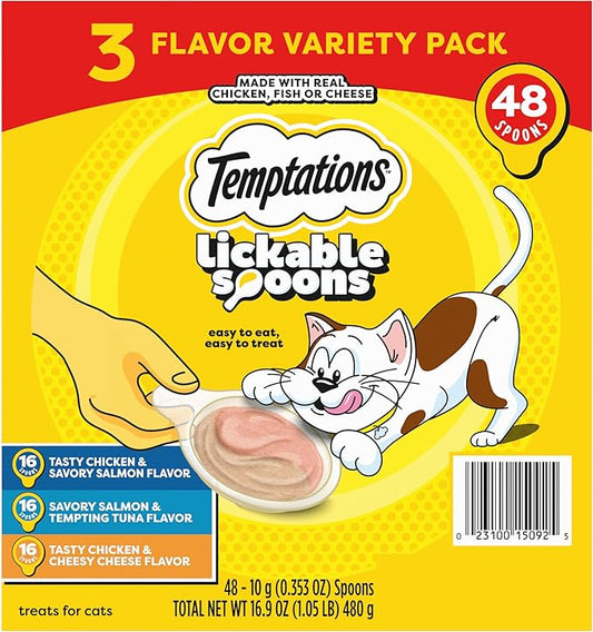 Temptations Lickable Spoons Adult Wet Cat Treats, 48 Spoons, Variety Pack