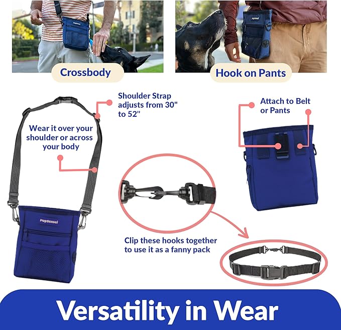 Dog Treat Pouch, Durable Oxford Polyester, No-Spill Magnetic Closure, Treat Pouches for Pet Training with Metal Clip, Waist Belt, Adjustable Strap, Poop Bag Dispenser (Navy Blue)