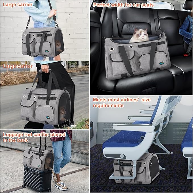 Ownpets Airline Approved Large Cat Carrier - Fits Most Airlines, Foldable Pet Travel Carrier with Metal Frame, Waterproof for Medium Big Cats 20 lbs+ & 2 Kittens/Puppies, Grey (17.7"x11.8"x12.2")