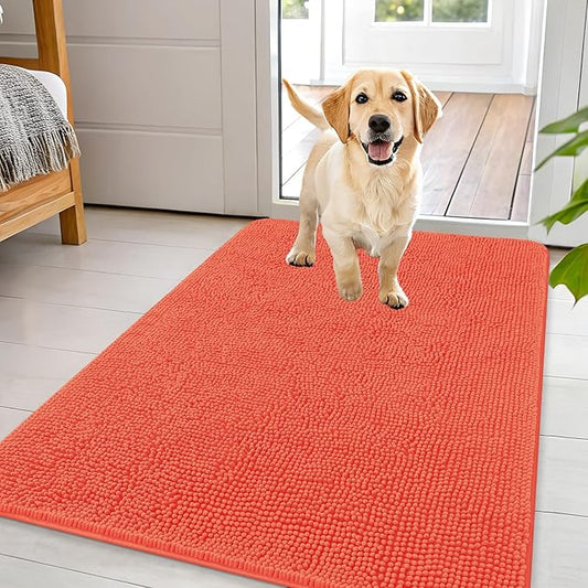 OLANLY Dog Door Mat for Muddy Paws 44x32, Absorbs Moisture and Dirt, Absorbent Non-Slip Washable Doormat, Quick Dry Chenille Mud Mat for Dogs, Entry Indoor Entryway Carpet for Inside Floor, Coral