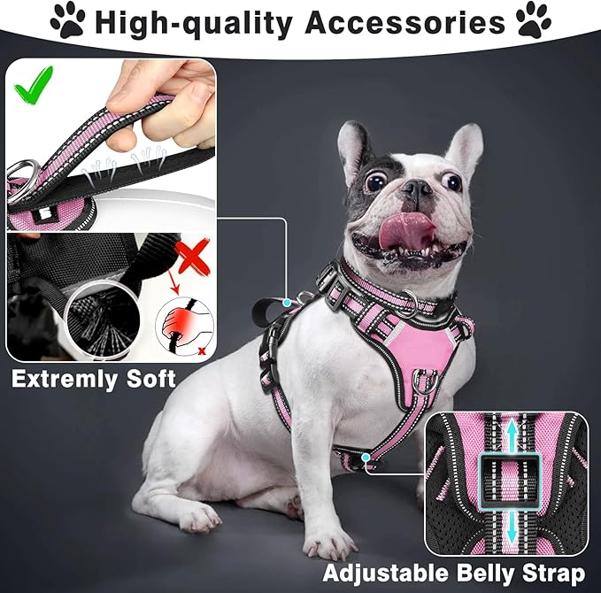WINSEE Pet Harness Collar and Leash Set, All-in-one Reflective Dog Harness No Pull with Adjustable Buckles for Puppies, Small, Medium, Large, and Extra-Large Dogs (Medium, Pink)
