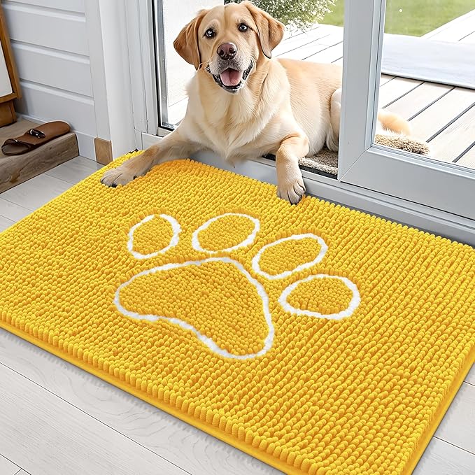 OLANLY Dog Door Mat for Muddy Paws 36x24, Paw Print Design, Absorbs Moisture and Dirt, Absorbent Non-Slip Washable Doormat, Quick Dry Chenille Mud Mat for Dogs, Entry Indoor Entryway Carpet, Yellow
