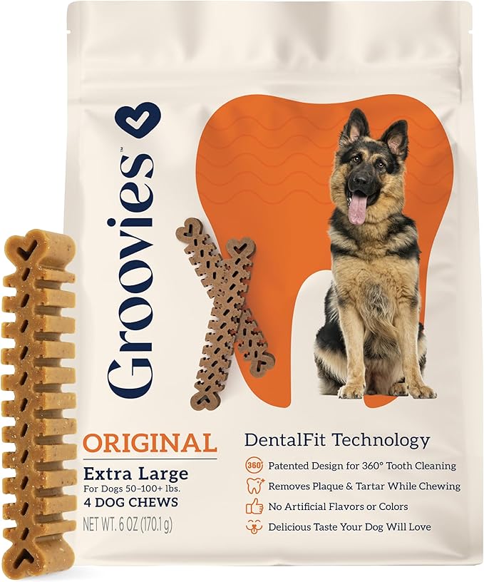 Groovies Flexible, Yet Moderately Tough Daily Dog Dental Chews. Powered by USA-Patented DentalFit Technology. No Added Gluten, No Artificial Flavors or Colors. Original 6oz XLarge (4Chews)
