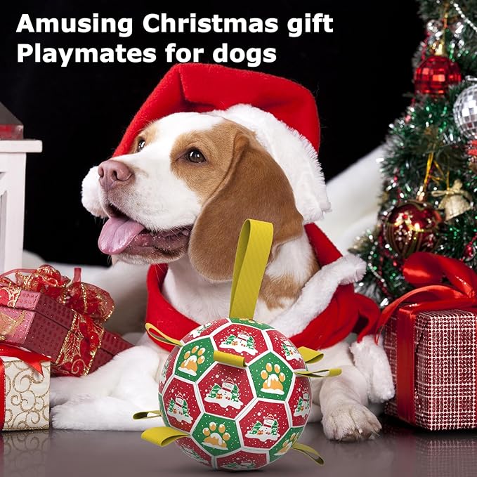 QDAN Christmas Dog Toys: Dog Soccer Ball with Straps for Outdoor Play, Tug of War, Puppy Gifts Durable 8-Inch Dog Balls for Medium Large Dogs