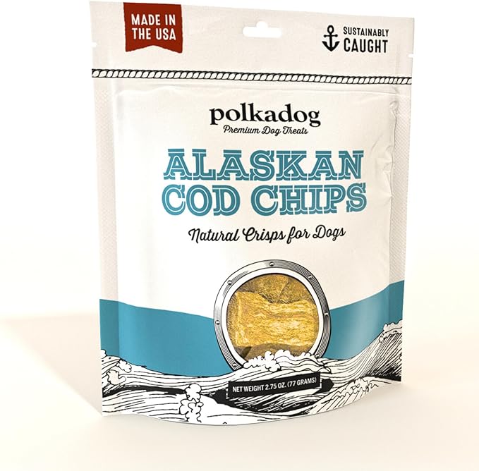 Polkadog Crunchy Alaskan Cod Chips – Single Ingredient Dog Treats, 100% Wild-Caught Cod from Alaska – High-Protein, Omega-3 Rich, Grain-Free, All Natural Snacks – Handcrafted in USA - 2.75 oz