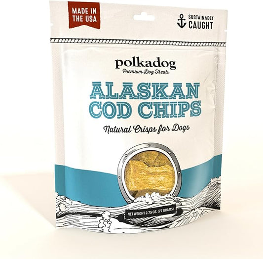 Polkadog Crunchy Alaskan Cod Chips – Single Ingredient Dog Treats, 100% Wild-Caught Cod from Alaska – High-Protein, Omega-3 Rich, Grain-Free, All Natural Snacks – Handcrafted in USA - 2.75 oz