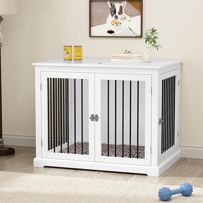 Dog Crate Furniture with Cushion, Dog Crate End Table Large, Indoor Dog Kennel, Dog House, Dog Cages for Large Dogs, Furniture Style Dog Crate with Flip-top, Chew-Proof Metal Bars, White