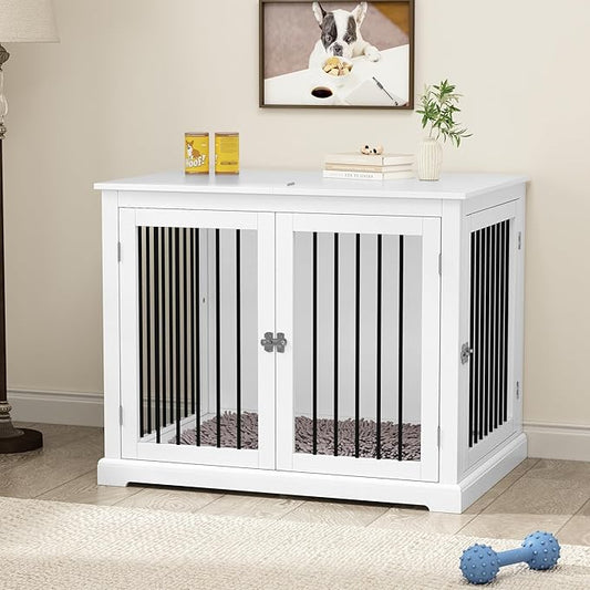 Dog Crate Furniture with Cushion, Dog Crate End Table Large, Indoor Dog Kennel, Dog House, Dog Cages for Large Dogs, Furniture Style Dog Crate with Flip-top, Chew-Proof Metal Bars, White
