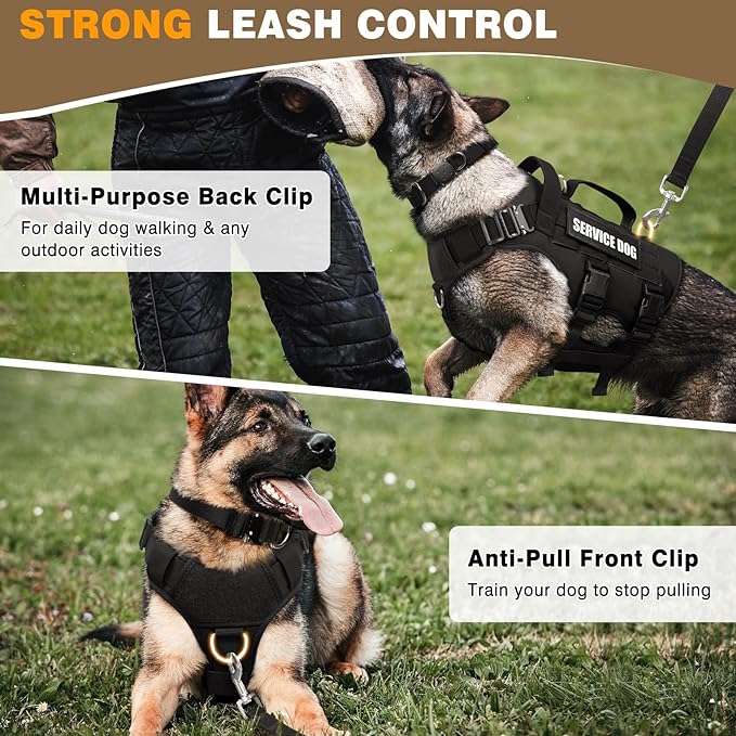 WINSEE Tactical Dog Harness with Dog Leash, Dog Collar, Service Working MOLLE Vest with 10 Pet Patches for Large Dog, No Pull Military Harness and Backpack with Airtag Holdler