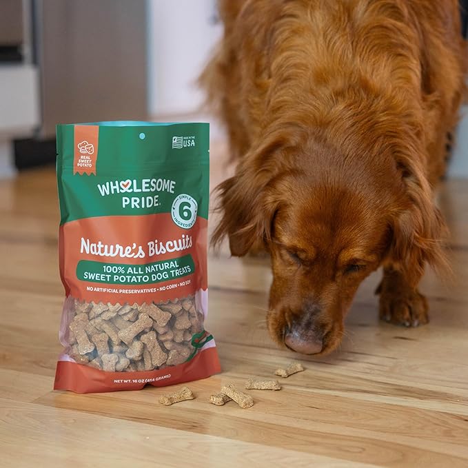 Wholesome Pride Nature’s Biscuits Dog Treats - Crunchy, Natural, Limited Ingredient, Grain-Inclusive Recipe with Fiber‑Rich Sweet Potato - Mini Bone-Shaped Treats for Dogs - 16 oz Bag