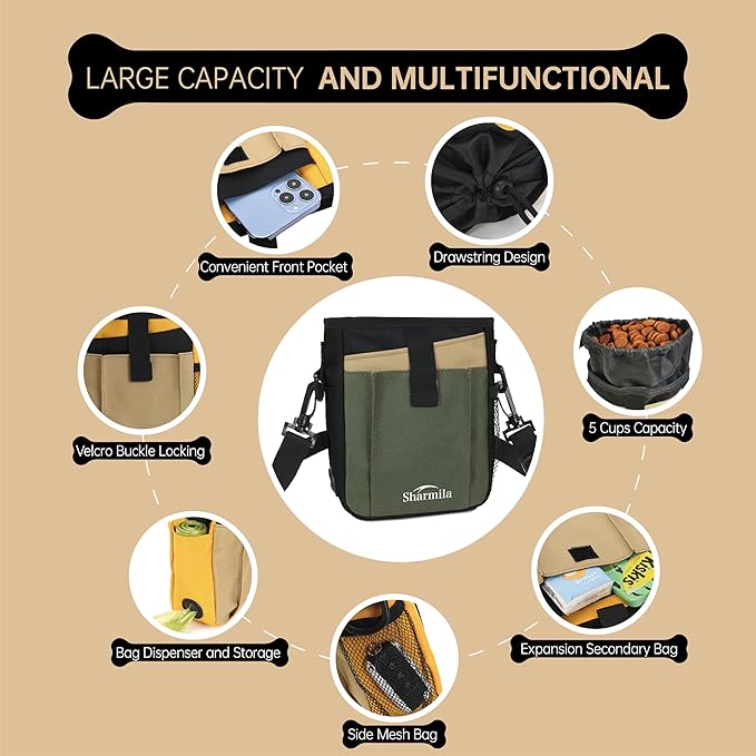 Sharmila Dog Treat Pouch - Large Capacity Storage & Multi-Pocket Design, Waterproof Training Treat Pouch Constructed from High-Density Oxford Fabric for Pet Training, Dog Walking, Hiking (Green)