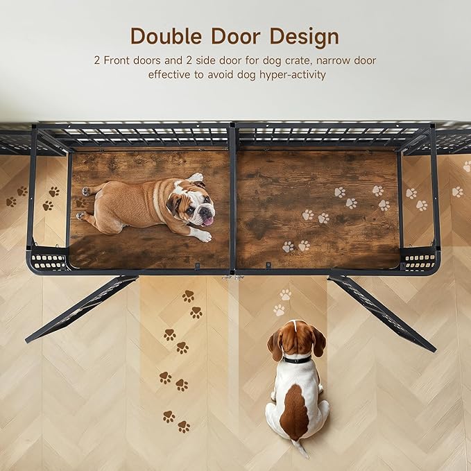 ONBRILL 63" Double Dog Crate Furniture for 2 Dogs, Heavy Duty Dog Crates with Divider for High Anxiety Dog, Escape Proof Pet Cage, Dog Kennel Furniture Indoor as TV Stand for Medium Large Dogs,Brown