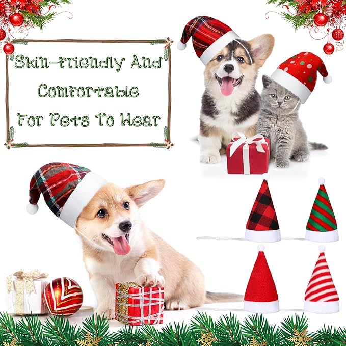 Svee 8 Pieces Christmas Santa Hats for Dog Cat with Adjustable Chin Strap Holiday Party Cute Costumes for Puppy Kitten Small Dogs and Cats Winter Party Dress up Props Supplies Gifts(Plaid)