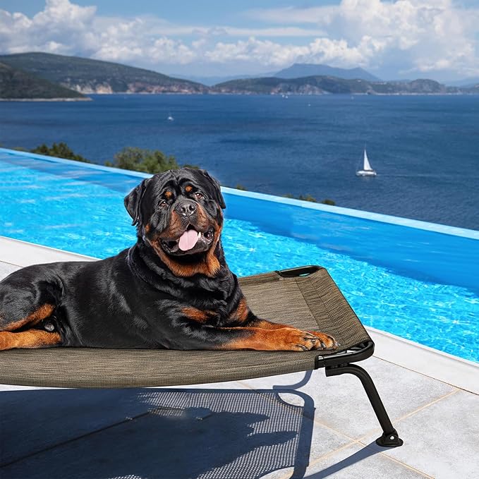 Veehoo Outdoor Elevated Dog Bed, Cooling Raised Dog Cot Bed XL, Portable Waterproof Curved Dogs Hammock Beds for Outside, up to 150lbs, Black Legs, Brown 49"
