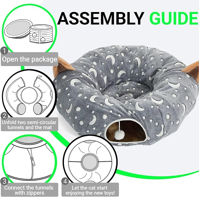 LUCKITTY Cat Tunnel Bed Under Christmas Tree with Plush Ball Toy Playground Crinkle Collapsible Self-Luminous Flannel Fabric 3FT for Large Cats Kittens Kitty Small Animals Puppy Grey Moon Star