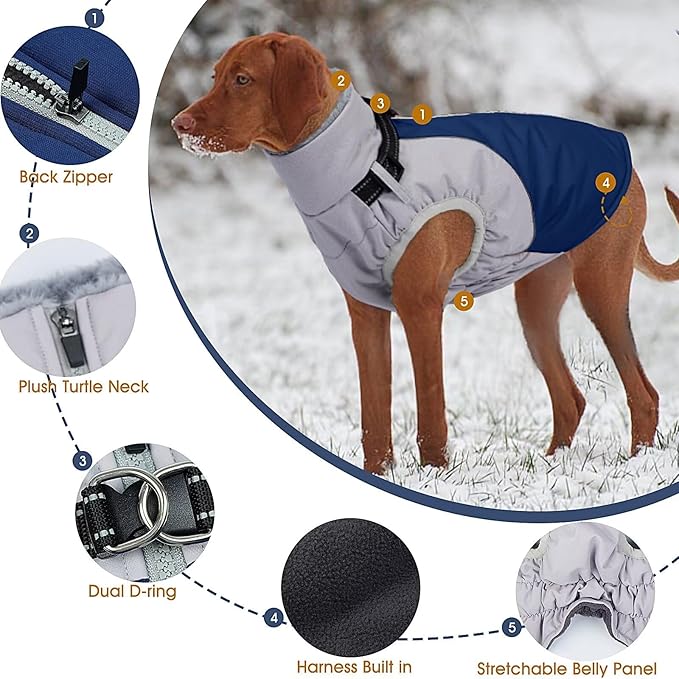 Small Dog Coat with Harness Built in,Warm Dog Jacket Water-Repellent Pet Winter Coats Snowsuit for Cold Weather,Warm Dogs Fleece Jacket with Zip,Reflective Winter Coat,Blue,S