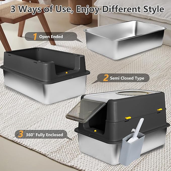 Stainless Steel Litter Box with Lid, XXL Extra Large Metal Cat Litter Boxes for Big Cats Enclosed, Easy to Scoop with Litter Scoop Set, High Sides Enclosure Anti-Urine Leakage Non-Sticky, Black