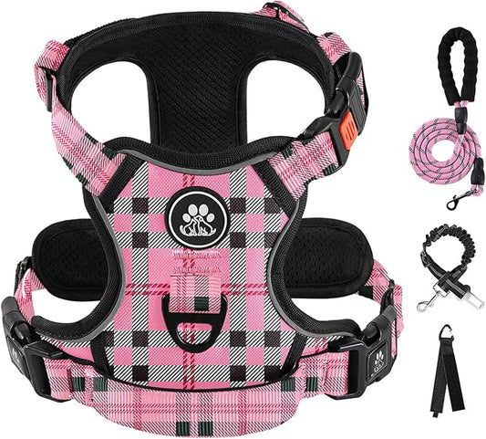 IVY&LANE No Pull Dog Harness with Leash Set, Reflective No Choke Pet Vest,Adjustable Oxford Dog Vest Harness with Easy Control Handle for Large Dogs (Checkered Pink,XL)