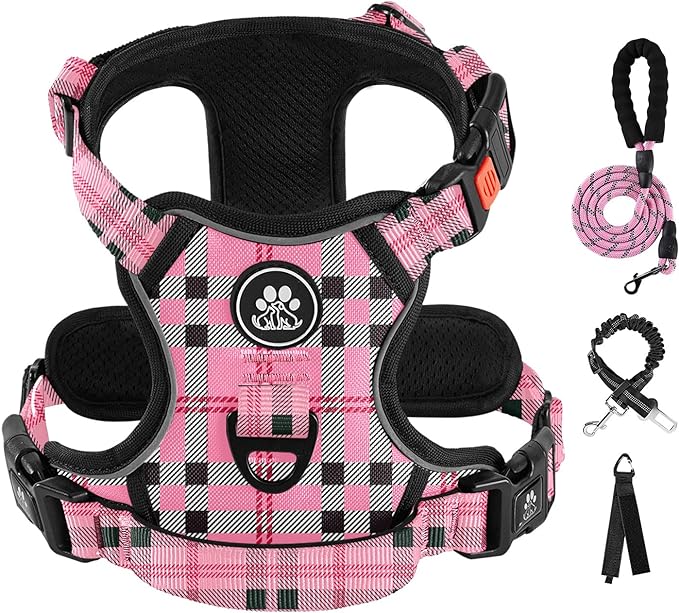 IVY&LANE No Pull Dog Harness with Leash Set, Reflective No Choke Pet Vest,Adjustable Oxford Dog Vest Harness with Easy Control Handle for Large Dogs (Checkered Pink,L)