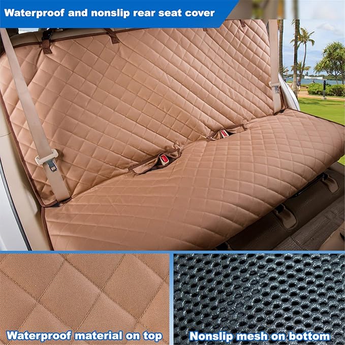 Bench Car Seat Cover Protector - Waterproof, Heavy-Duty and Nonslip Pet Car Seat Cover for Dogs with Universal Size Fits for Vehicles, Trucks & SUVs(TAN)