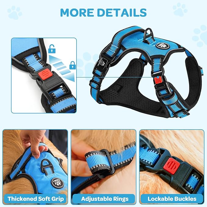 FURRYFECTION Dog Harness | No Pull Dog Harness | Reflective Oxford | Padded Handle | 4 Adjustable Straps | 2 Leash Clips | No Choke Pet Vest Harness for Small Medium Large Dogs | Blue | S